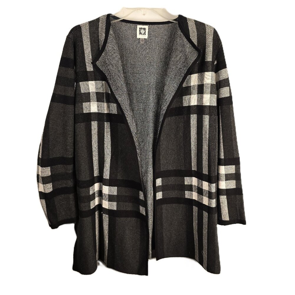 Anne Klein Open Front Cardigan Sweater Womens XL Black White Plaid Long Sleeves